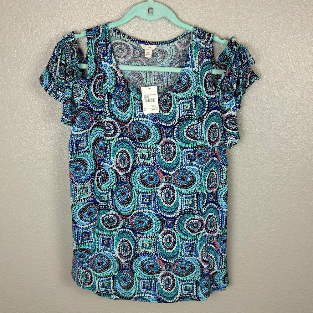 Cato Size Medium Flowy Abstract Paisley Design Blue Green Cold Shoulder Blouse